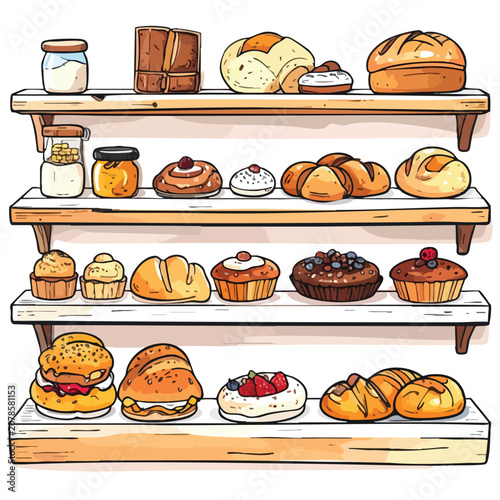Hand drawn illustration of a wooden bakery shelf filled with assorted fresh bread and pastries.