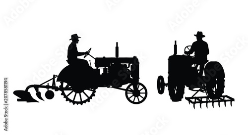Εκτύπωση καμβά Vintage tractors with farmers working in fields a dark silhouette against a whit