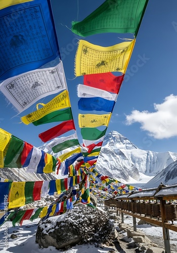 Colorful Prayer Flags Flying Over Mountain Village Scene.