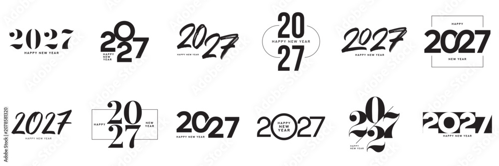 Fototapeta premium Large 2027 Happy New Year logo collection. 2027 Happy New Year symbol set. Vector minimalist black 2027 New Year labels. Holiday symbols for greeting card, brochure, poster, branding and printing.