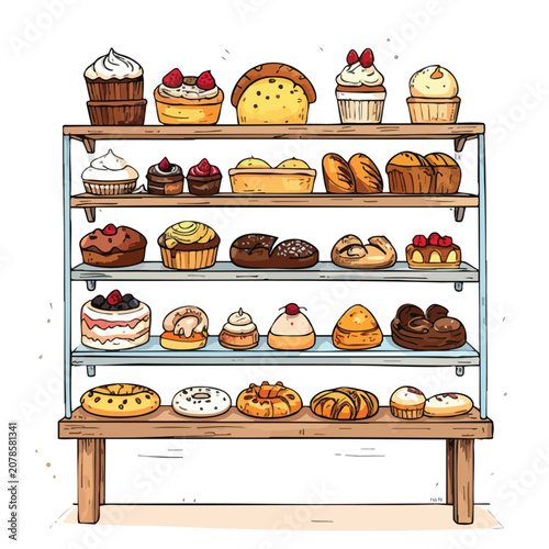 A detailed illustration of a wooden bakery shelf filled with assorted pastries and cakes.