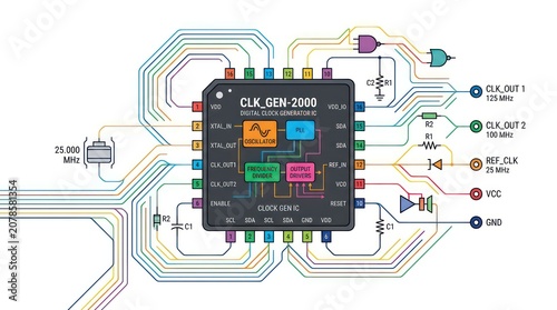Digital clock generator integrated circuit schematic diagram with electronic components.