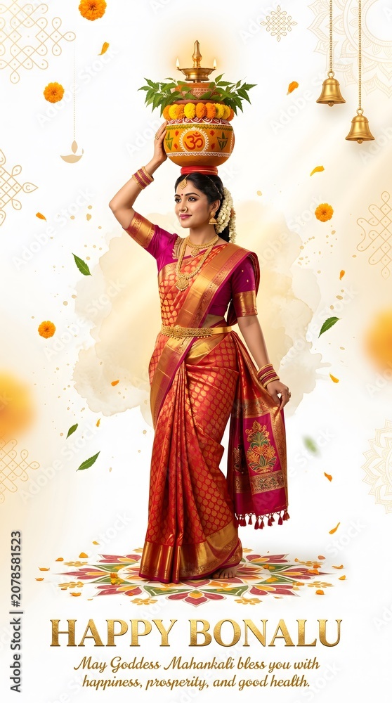 Fototapeta premium Indian woman carrying bonalu pot for traditional festival celebration