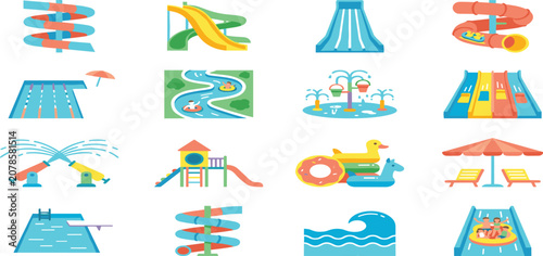 Water park attractions and swimming pool slides icons set cartoon flat vector illustration elements