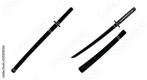 Canvastavla Three japanese katanas depicted in a stark black silhouette against a white back