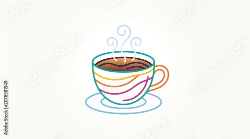 Line art illustration of coffee cup with abstract colorful steam swirls and simple saucer.