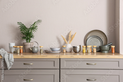 Bild auf Leinwand Minimalist kitchen countertop with spices and tableware