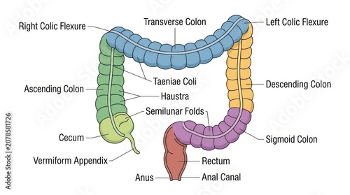 Detailed medical chart of human large intestine with labels showing semilunar folds parts.