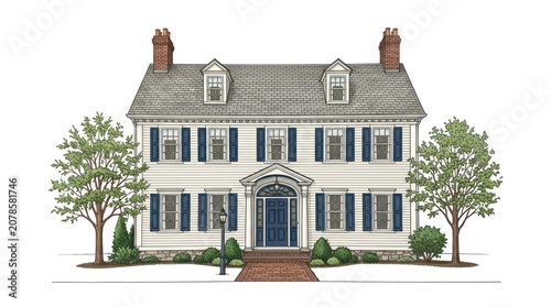 Classic colonial style house illustration featuring white siding and symmetrical windows.