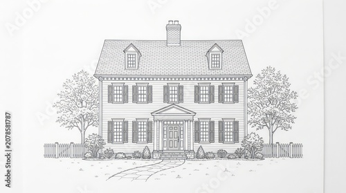 Symmetrical suburban colonial house line art drawing with dormer windows and garden path.