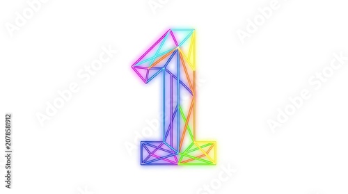 Low poly style number one created with colorful glowing neon lines on white backdrop art.