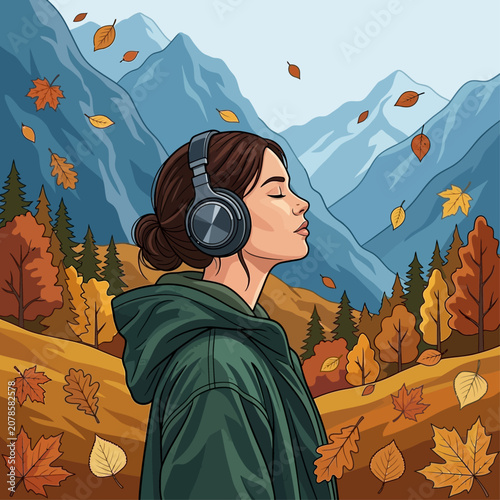 Woman wearing headphones enjoys autumn scenery with mountains trees and falling leaves