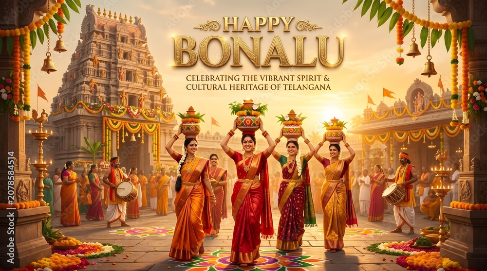 Fototapeta premium Happy bonalu festival celebration with women carrying offerings at a hindu temple