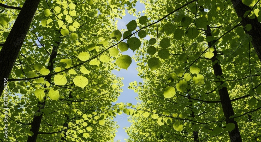 Fototapeta premium Looking up through lush green tree canopy in forest.
