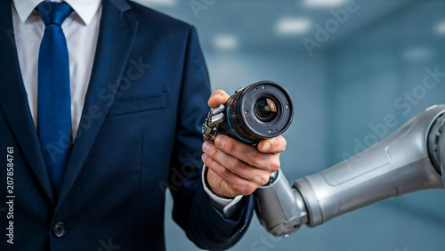Business professional holding camera lens beside robotic arm representing AI vision, industrial automation and machine learning technology