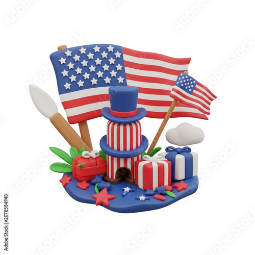 American Independence Day Celebration Scene with Gifts and Flags.