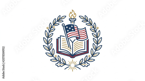 American Flag on Open Book with Laurel Wreath and Torch.