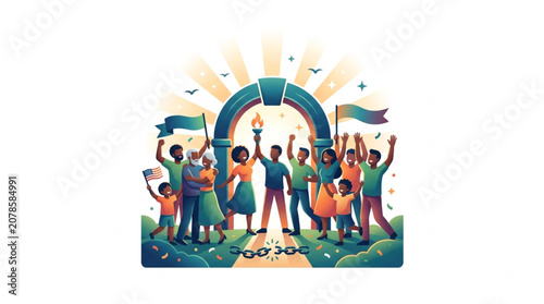 Diverse group of people celebrating victory under an archway.