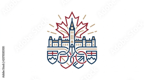 Canadian Parliament Building with Maple Leaf and Olympic Rings Symbol.