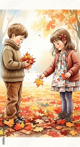 Children Playing with Autumn Leaves in Park Scene.