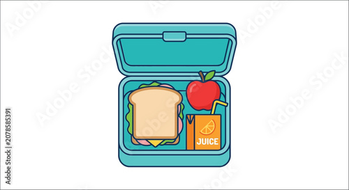 Foto Open lunchbox with sandwich apple and juice box flat vector illustration on whit