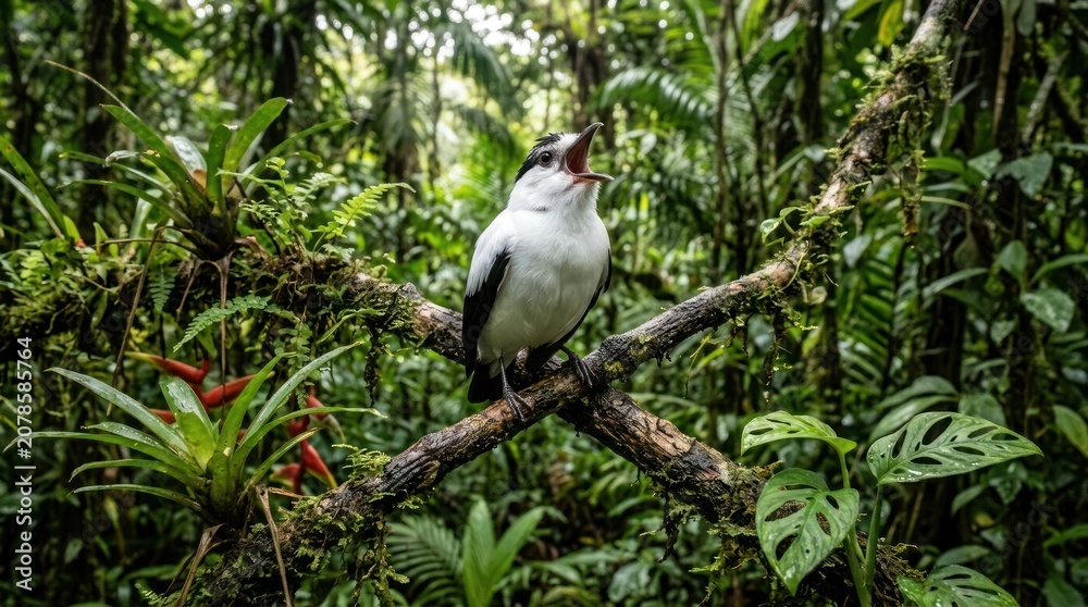 Fototapeta premium A white-throated toucan perched on a branch in a lush rainforest. The bird is singing loudly, its beak open wide.