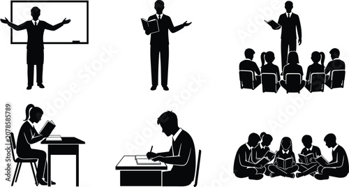 Illustration of Black silhouettes of business people working and teaching in office.