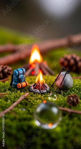 Campfire Scene with Logs Flames and Camping Gear in Nature.
