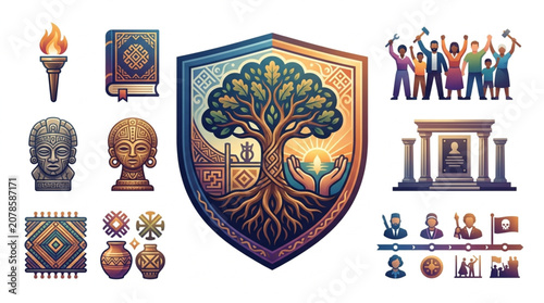 Tableau sur toile Collection of Symbols Representing History Culture and Community.