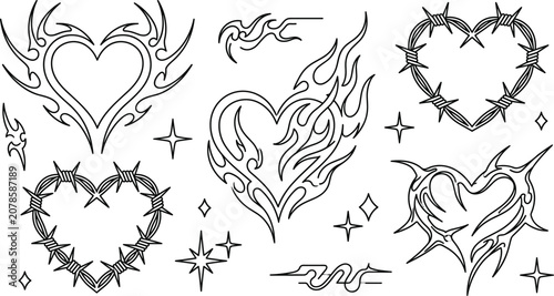 фотографія Y2K tribal heart tattoo vector line art icon set featuring flaming hearts thorns