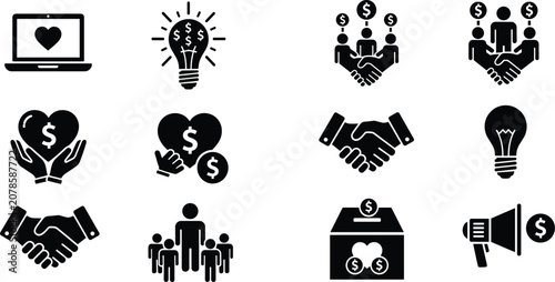 Black icons represent business partnership and finance concepts.