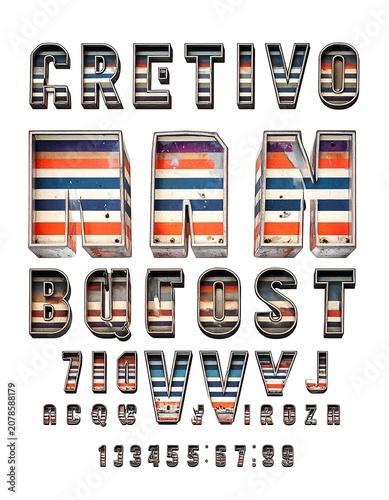 Colorful typographic design featuring bold, striped letters and numbers