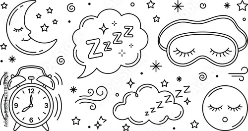 Sweet dreams sleep and bedtime routine vector line art icon set featuring alarm clock crescent moon mask and stars