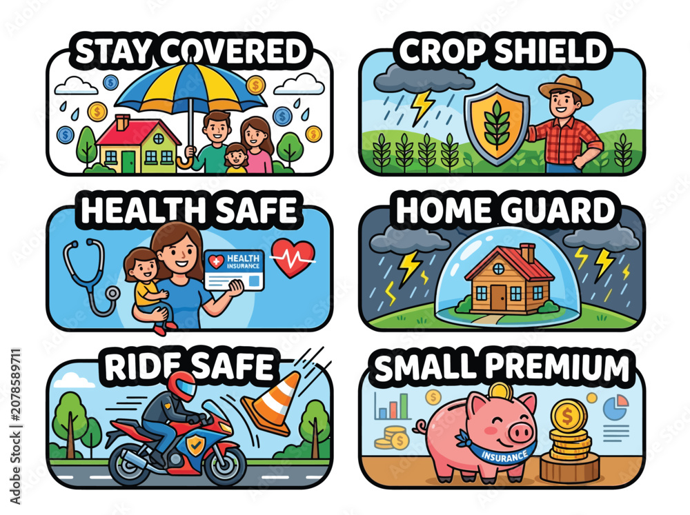 Fototapeta premium Financial Inclusion Microinsurance Sticker Sheet, Low Income Family Fintech Cartoon Stickers for Insurance Protection Banking Apps