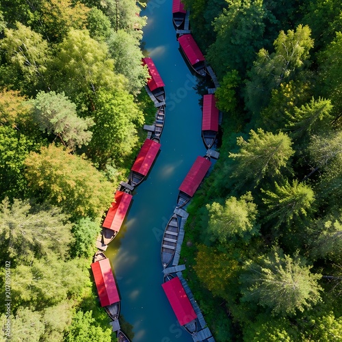 Colorful Train Traveling Through Dense Forest Landscape.