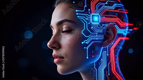 Human head with glowing circuit design