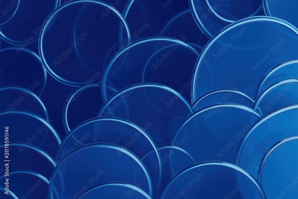 Obraz premium Blue circles overlap creating abstract pattern. Shades vary, suggesting depth, texture. Clean design, modern aesthetic.
