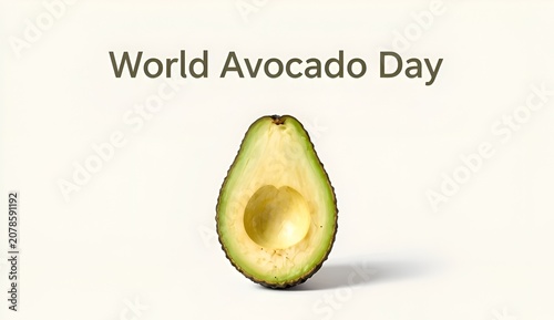 Minimalist World Avocado Day greeting card with realistic fresh cut avocado without pit