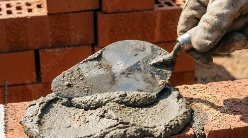 Masonry construction worker applying wet cement with metal trowel, bricklayer building red brick wall, industrial masonry work on building site