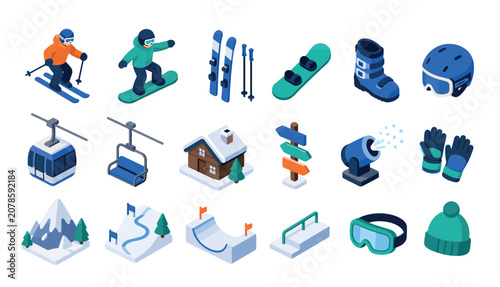 Snowboarding winter sports equipment icons.