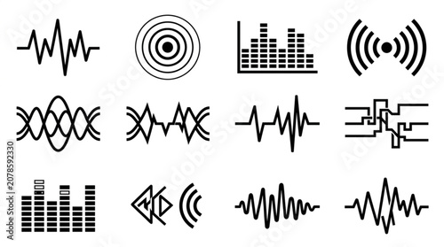Foto Collection of various sound wave and audio signal graphics.