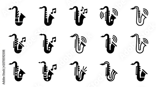 Photos Collection of Saxophone Icons with Musical Notes.