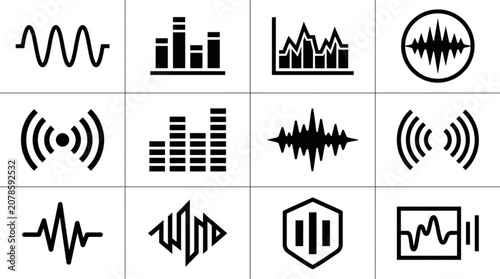 Photos Collection of Sound Waveform and Audio Signal Icons.