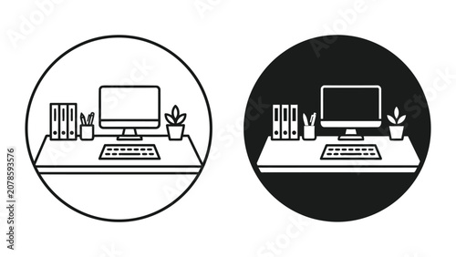 Organized office workstation with computer and office supplies, workplace