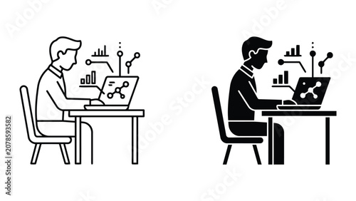 Data analyst working on laptop with charts and graphs icon business analysis