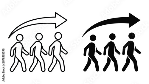 People walking forward icon set with direction arrow direction movement