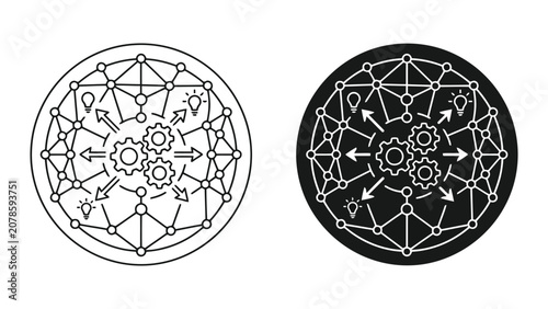 Gears and network nodes technology icon set with technology, connection