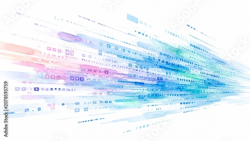 情報やデータの流れを表現した抽象的な水彩画風デジタルイラスト