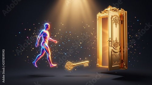 Inclusion opportunity access concept. 3D door, key and figure on dark background. DEI business concept.