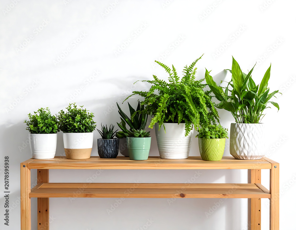 Fototapeta premium Row of lush green houseplants in decorative pots on a wooden shelf against a white wall